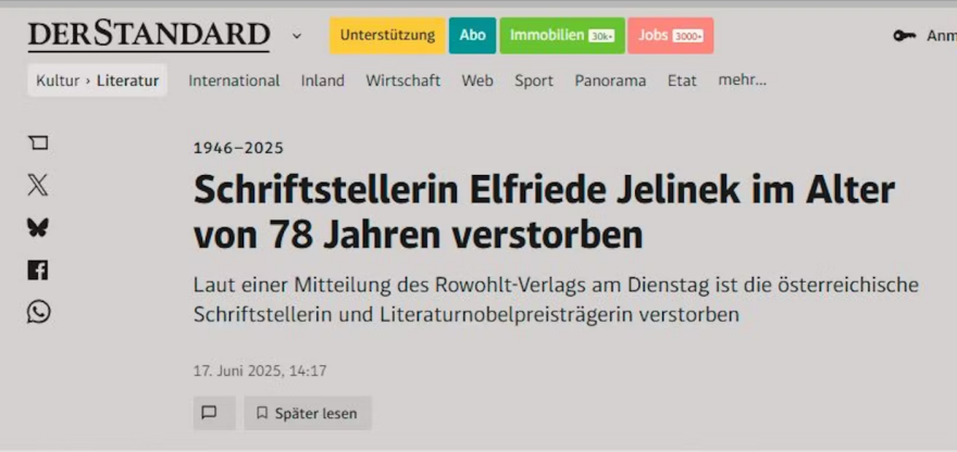 «Είναι η δεύτερη φορά που πέθανα», δήλωσε η νομπελίστρια λογοτεχνίας Γέλινεκ για την είδησή του θανάτου της στα ΜΜΕ