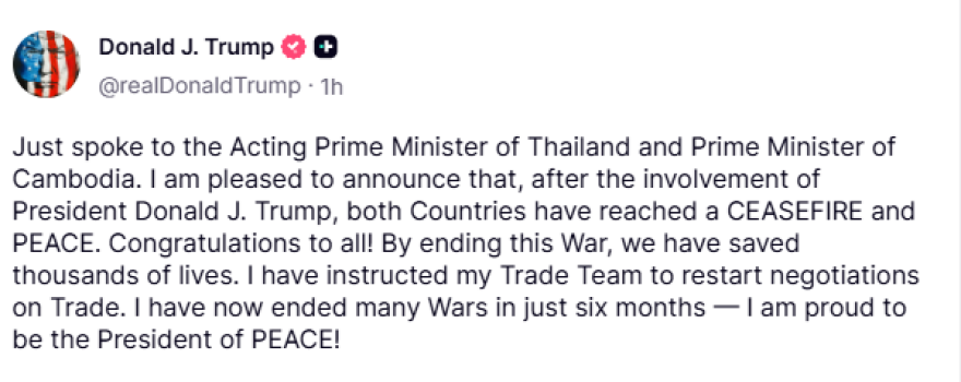«Τερμάτισα άλλον ένα πόλεμο» – Συγχαίρει τον εαυτό του ο Τραμπ για την εκεχειρία Ταϊλάνδης και Καμπότζης