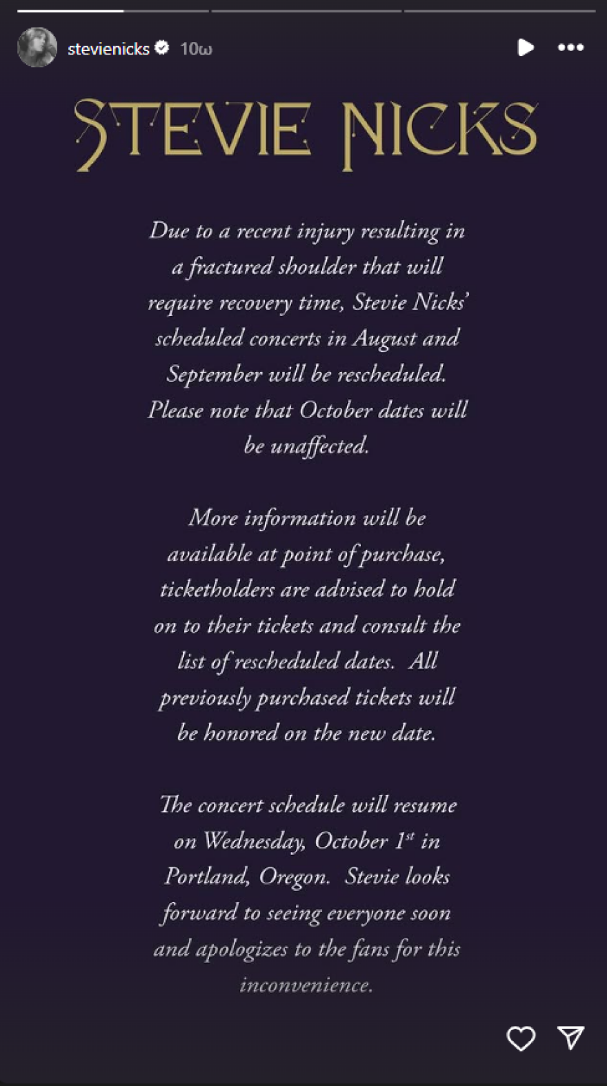 Η Στίβι Νικς αναβάλλει συναυλίες της περιοδείας της λόγω τραυματισμού