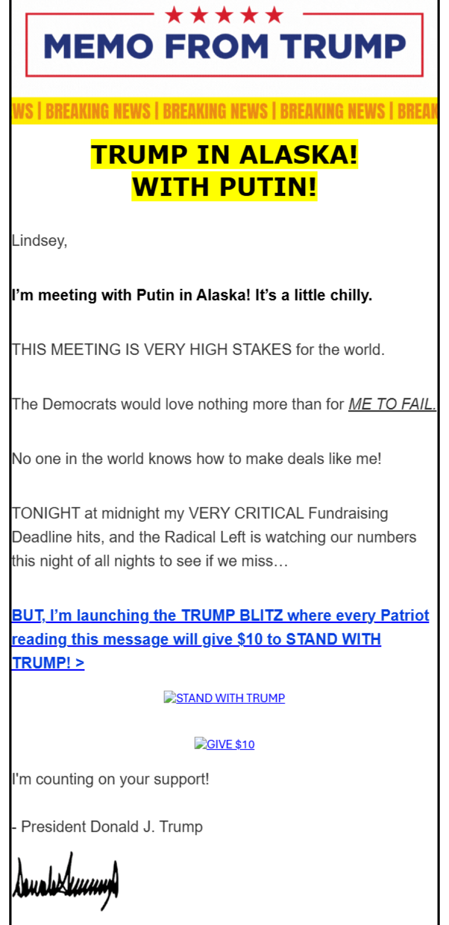 Την ώρα της συνάντησης με τον Πούτιν, ο Τραμπ ξεκίνησε εκστρατεία συγκέντρωσης χρημάτων
