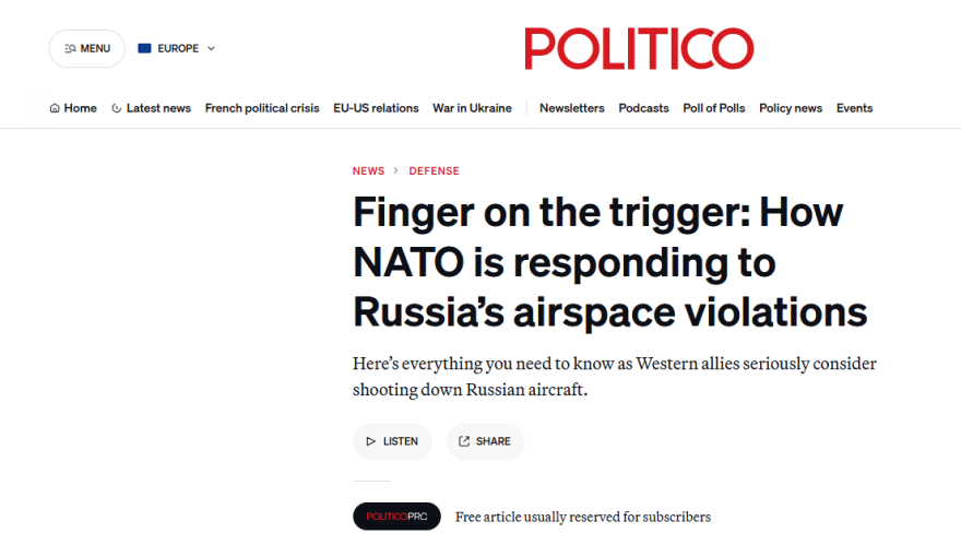 Politico: Το ΝΑΤΟ με το δάχτυλο στη σκανδάλη, γιατί δεν έχει καταρρίψει τα ρωσικά μαχητικά αεροσκάφη και drones