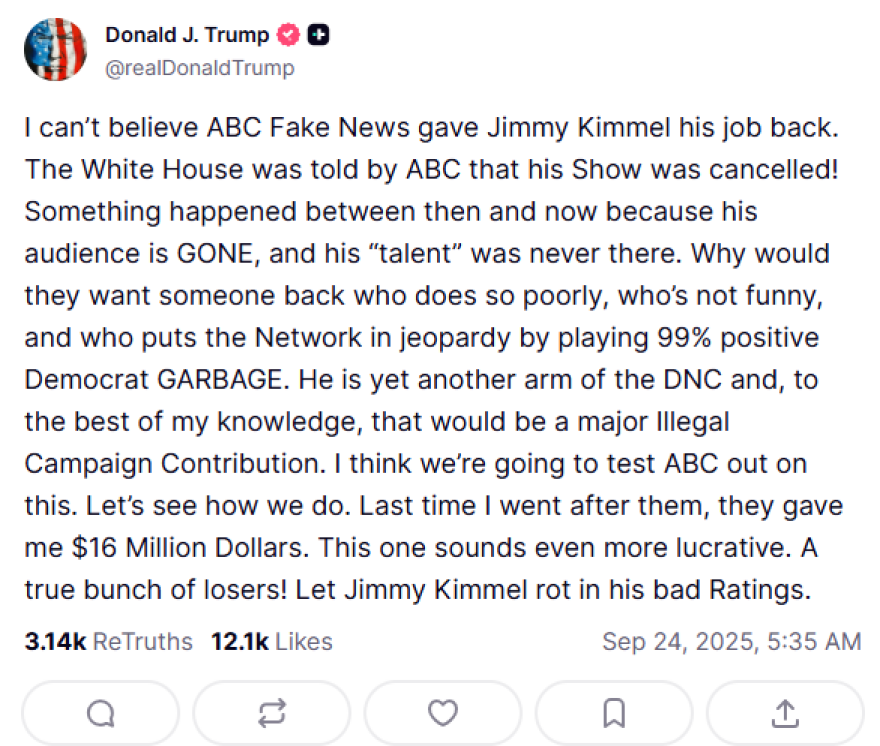 Οργή και απειλές Τραμπ στο ABC για τα «σκουπίδια που προβάλλει» μετά την επιστροφή του συγκινημένου Τζίμι Κίμελ 