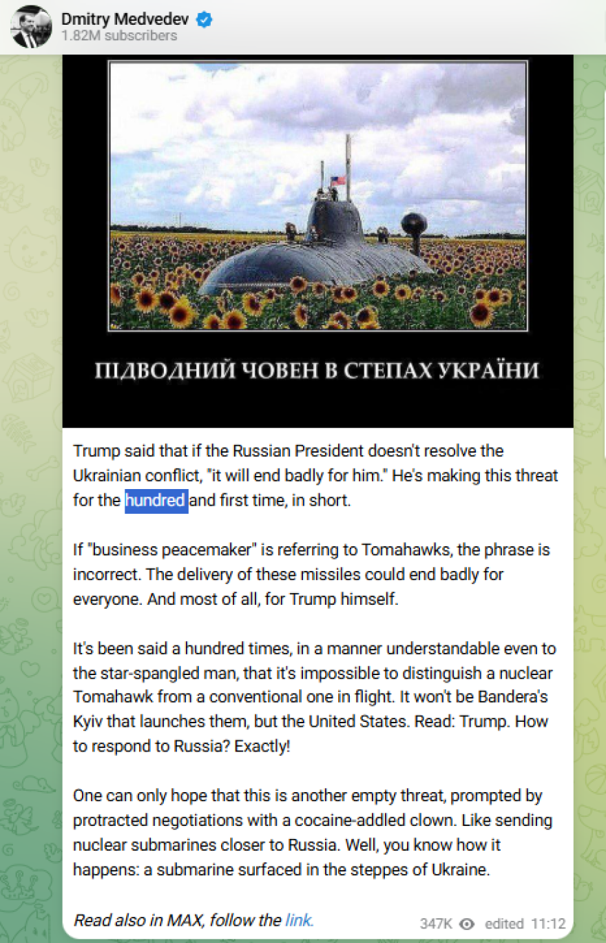 Ο Μεντβέντεφ απειλεί τις ΗΠΑ: Η εκτόξευση Τόμαχοκ από την Ουκρανία θα μπορούσε να έχει άσχημη κατάληξη για όλους, και κυρίως για τον Τραμπ