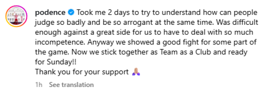 Ποντένσε για τον διαιτητή του αγώνα με την Μπαρτσελόνα: «Δεν μπορώ να καταλάβω πως οι άνθρωποι κρίνουν τόσο άσχημα»