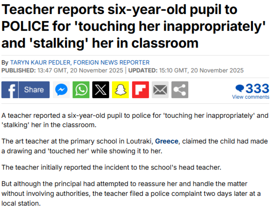 «Είναι μελλοντικός βιαστής» έλεγε η δασκάλα στο Λουτράκι για το 6χρονο παιδί που την άγγιξε για να της δείξει τη ζωγραφιά του