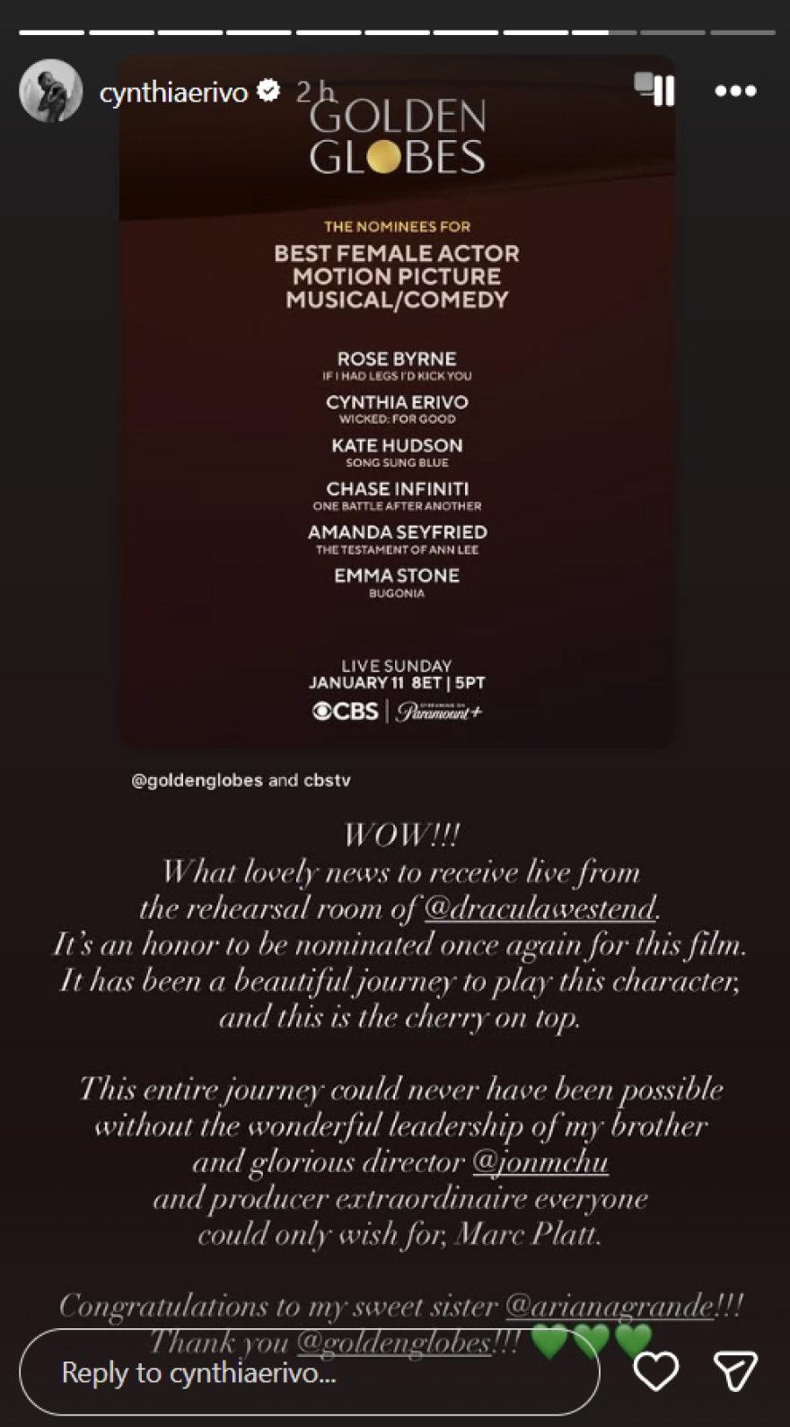 Ιστορική πρωτιά για τη Σίνθια Ερίβο: Έλαβε για δεύτερη φορά υποψηφιότητα για τον ρόλο της 'Ελφαμπα