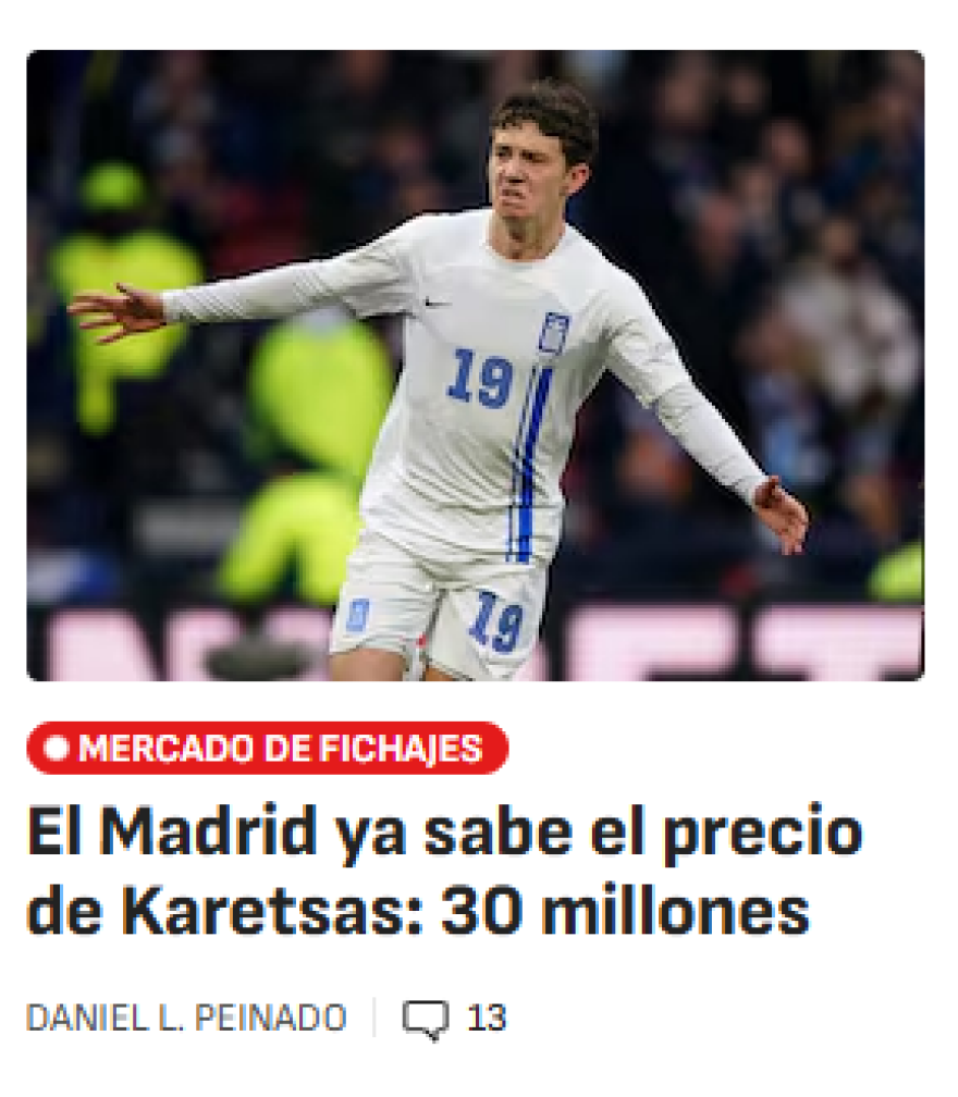 Η Ρεάλ Μαδρίτης παρακολουθεί τον Καρέτσα και η τιμή του είναι περίπου 30 εκατ. ευρώ, σύμφωνα με την As