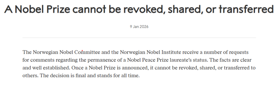 «Στοπ» από τους Νορβηγούς στη Ματσάδο που θέλει να μεταβιβάσει το Νόμπελ Ειρήνης στον Τραμπ
