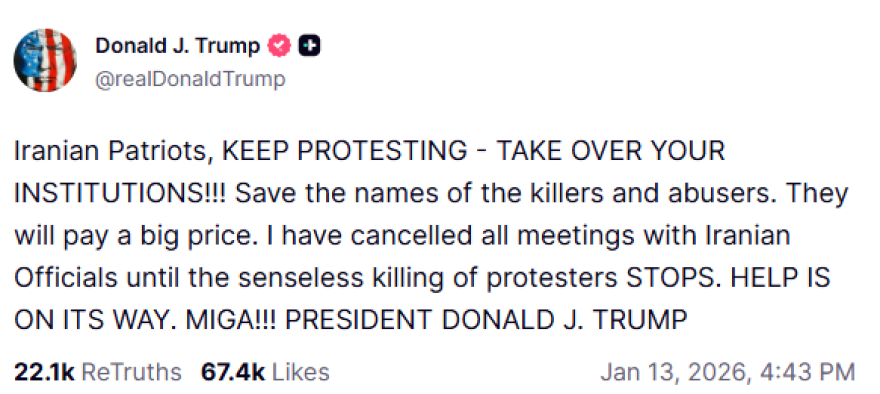 Νέες απειλές Τραμπ λίγο πριν τον απαγχονισμό του πρώτου διαδηλωτή στο Ιράν: Θα λάβουμε πολύ σκληρά μέτρα αν το κάνετε