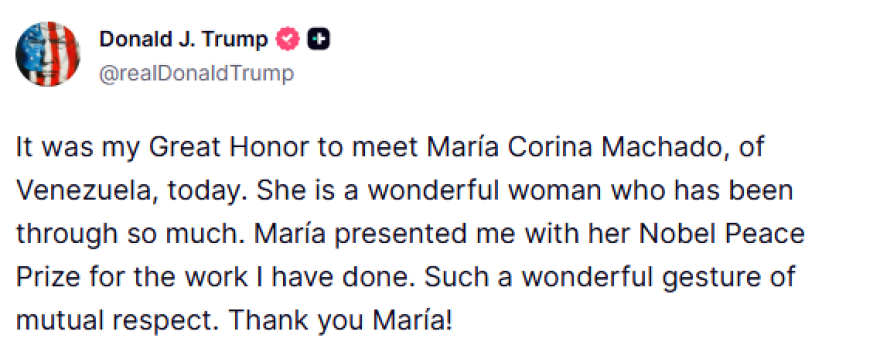 Τραμπ για το Νόμπελ που του παρέδωσε η Ματσάδο: «Μια υπέροχη χειρονομία αμοιβαίου σεβασμού» 