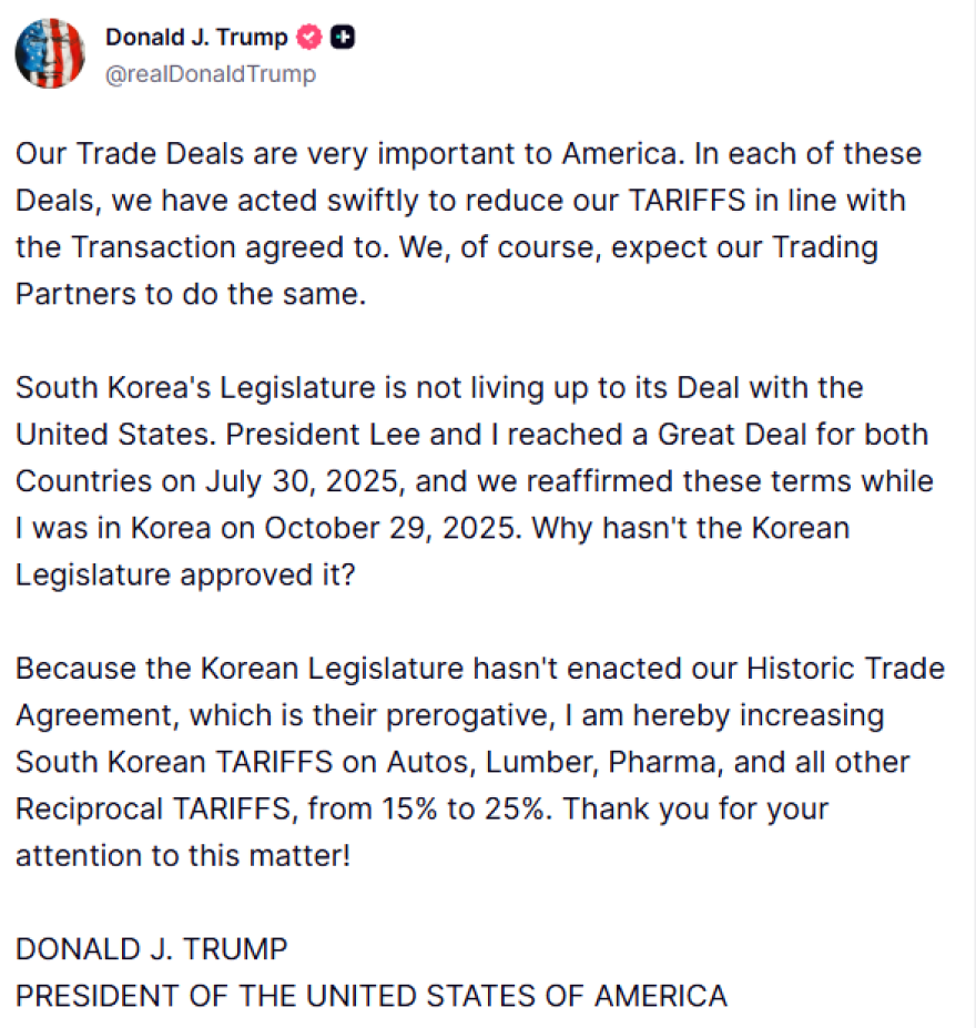 Ο Τραμπ αυξάνει στο 25% τους δασμούς σε ορισμένες εισαγωγές από τη Νότια Κορέα 