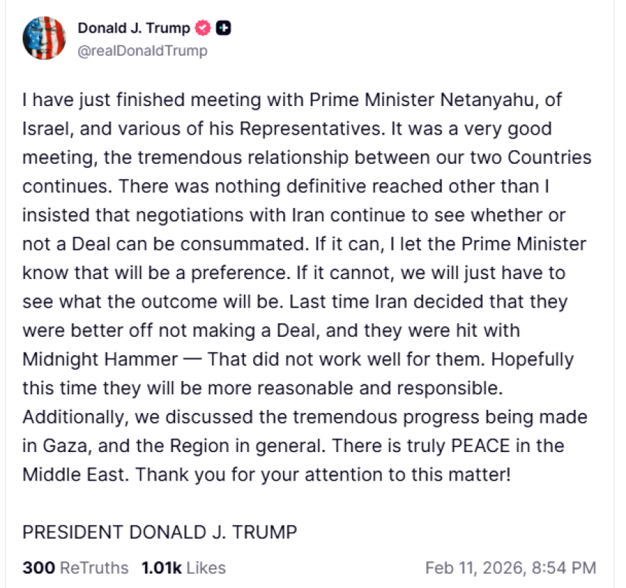 Τραμπ μετά τη συνάντηση με Νετανιάχου: Καμία οριστική απόφαση για Ιράν, θέλω να συνεχιστούν οι συνομιλίες

