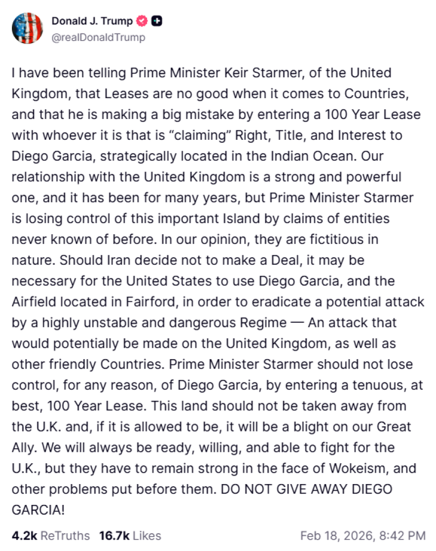 Ο Τραμπ λέει ότι ίσως να χρειαστεί την βάση Ντιέγκο Γκαρσία σε μια σύγκρουση με το Ιράν και χαρακτηρίζει λάθος την εκχώρηση των Νησιών Τσάγκος στον Μαυρίκιο