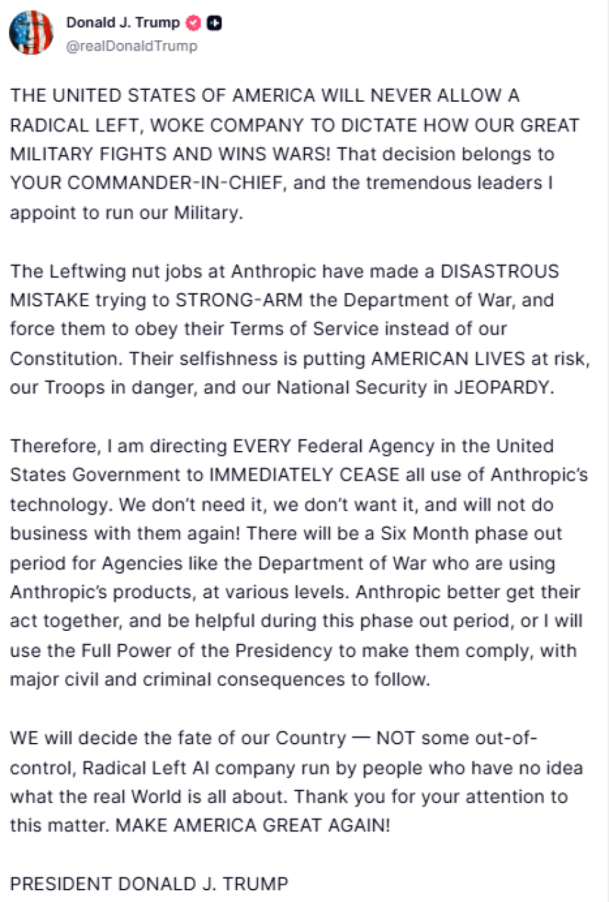 Ο Τραμπ διατάσσει άμεση διακοπή χρήσης της Anthropic από το Δημόσιο: Εξάμηνη κατάργηση συμβολαίων και απειλές για «ποινικές συνέπειες» 
