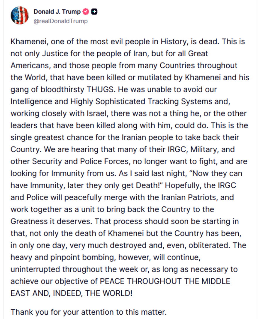 Νεκρός ο Χαμενεΐ λέει ο Τραμπ: «Πέθανε ένας από τους πιο διαβολικούς ανθρώπους στον κόσμο»