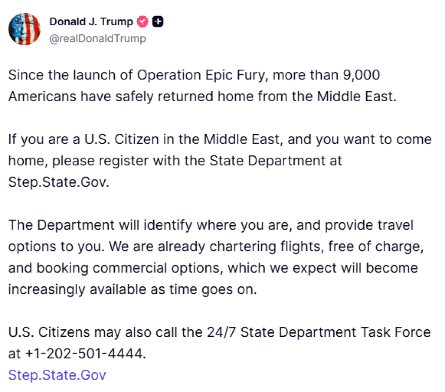 Τραμπ: Πάνω από 9.000 Αμερικανοί επέστρεψαν στις ΗΠΑ από τη Μέση Ανατολή μετά την επιχείρηση «Επική Οργή» 