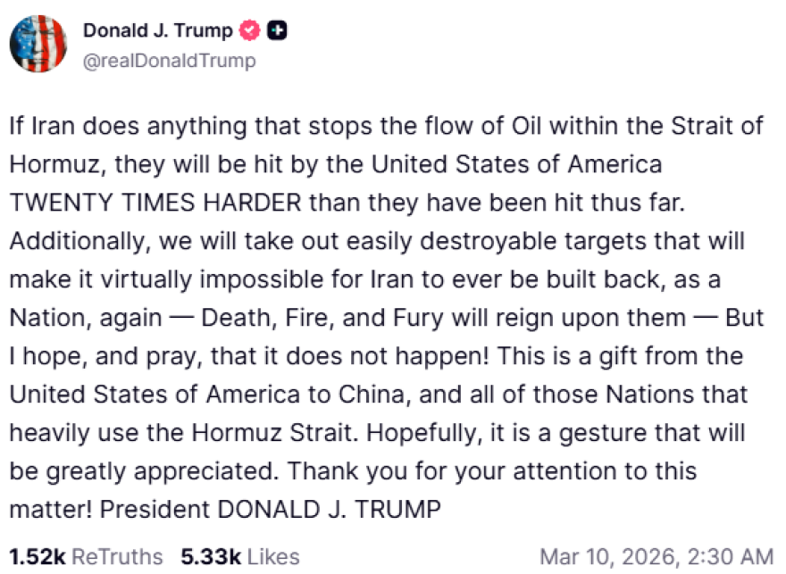 Τραμπ για Στενά του Ορμούζ: «Αν το Ιράν μπλοκάρει το πετρέλαιο, θα το πλήξουμε 20 φορές σκληρότερα»