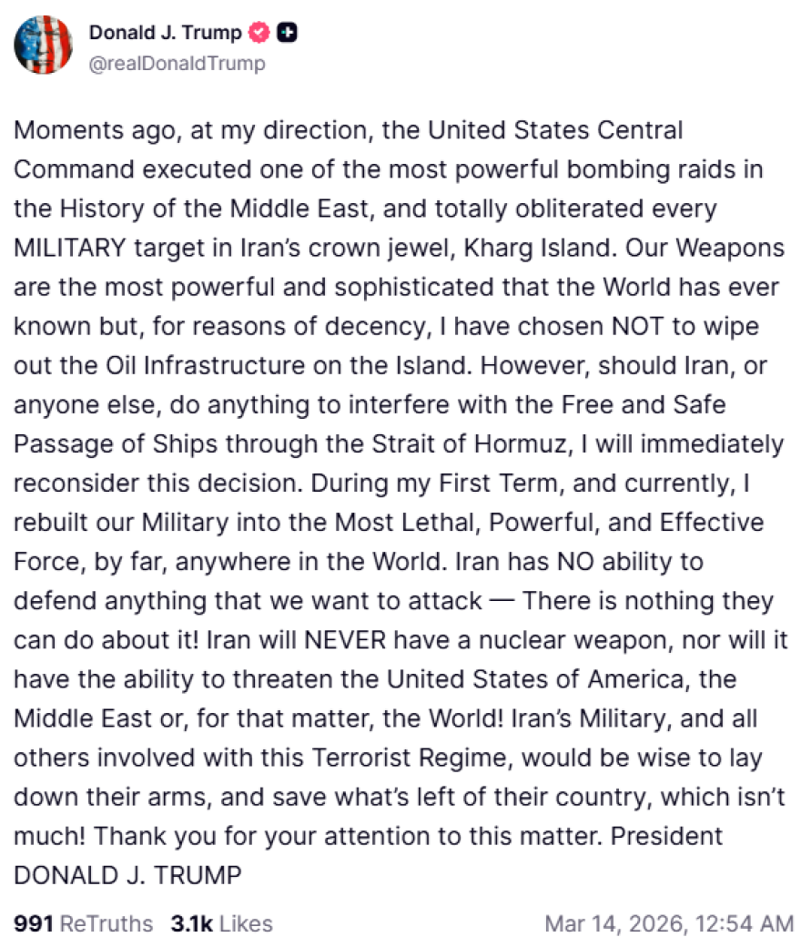 Τραμπ: «Εξαφανίσαμε κάθε στρατιωτικό στόχο στο νησί Χαργκ στο Ιράν, η προστασία της ναυσιπλοΐας ξεκινά σύντομα», δείτε βίντεο