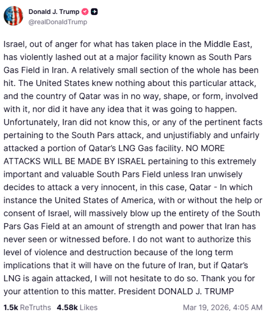 Ο Τραμπ προειδοποιεί για καταστροφή του «South Pars» αν το Ιράν συνεχίσει τις επιθέσεις στο Κατάρ 