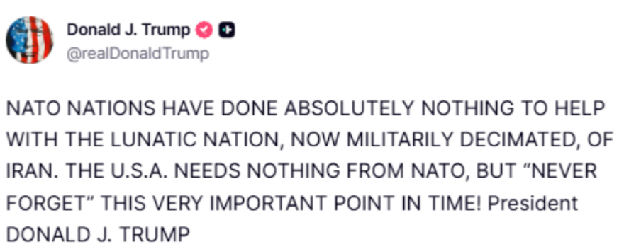 Τραμπ: Τα μέλη του ΝΑΤΟ δεν έχουν κάνει τίποτα για να μας βοηθήσουν, δεν θα το ξεχάσουμε