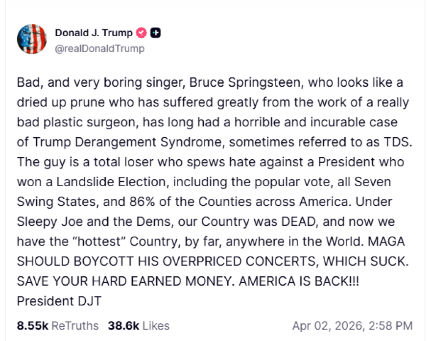 Ο Τραμπ ζητάει από τους υποστηρικτές του να μποϊκοτάρουν τις συναυλίες του Μπρους Σπρίνγκστιν
