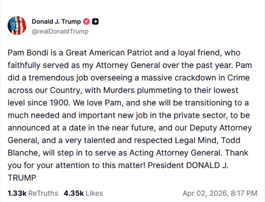 Ο Τραμπ καρατόμησε την υπουργό Δικαιοσύνης Παμ Μπόντι, αλλά την αποκαλεί «πατριώτισσα και φίλη» - Δυσαρεστήθηκε με την υπόθεση Επστάιν