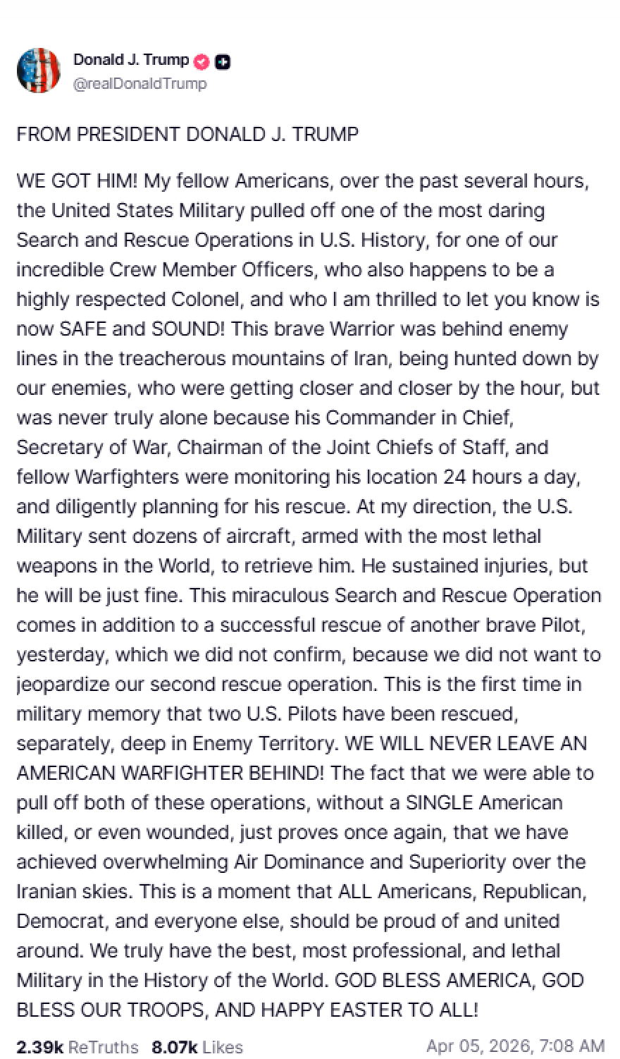 «Τον έχουμε»: Ο Τραμπ επιβεβαιώνει τη διάσωση του αγνοούμενου Αμερικανού αξιωματικού από το Ιράν