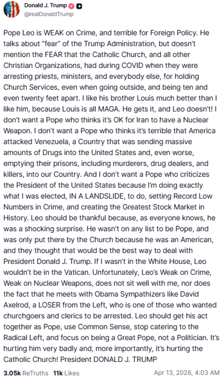 Ο Τραμπ επιτίθεται στον Πάπα Λέοντα μετά την έκκληση για τερματισμό του πολέμου: «Εξυπηρετεί τη ριζοσπαστική Αριστερά» 