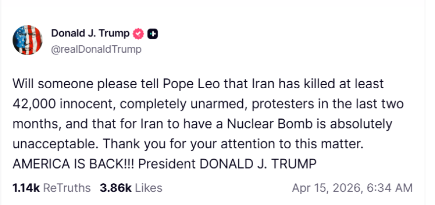 Νέα επίθεση Τραμπ στον Πάπα Λέοντα: Πείτε του ότι το Ιράν έχει σκοτώσει 42.000 άοπλους διαδηλωτές