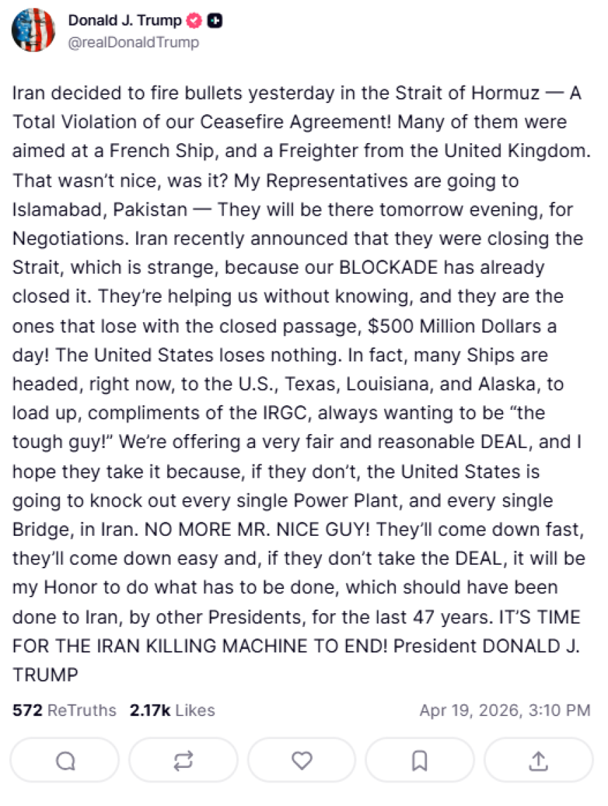 «Τελευταία ευκαιρία»: Ο Τραμπ απειλεί ξανά να «ανατινάξει όλο το Ιράν», αν δεν δεχτεί τη συμφωνία που προτείνει - Στέλνει στο Ισλαμαμπάντ Γουίτκοφ και Κούσνερ για συνομιλίες