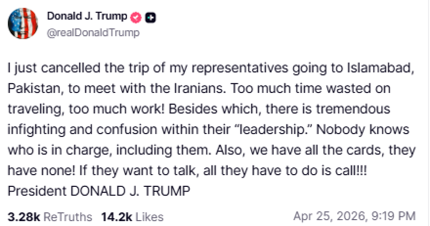 Τραμπ μετά την ακύρωση της αποστολής στο Πακιστάν για τις συνομιλίες με Ιράν: «Έχουμε όλα τα χαρτιά, αν θέλουν να μιλήσουν ας τηλεφωνήσουν»  