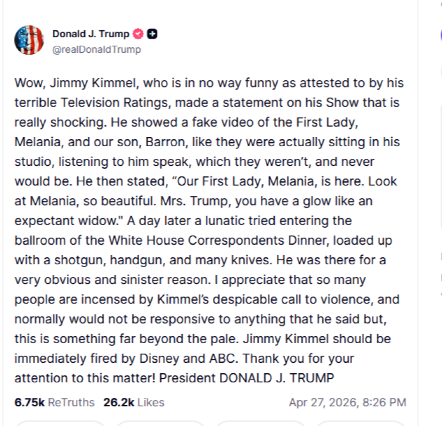 Να απολυθεί αμέσως ο Τζίμι Κίμελ από το ABC ζητά ο Τραμπ, μετά το αστείο για τη Μελάνια
