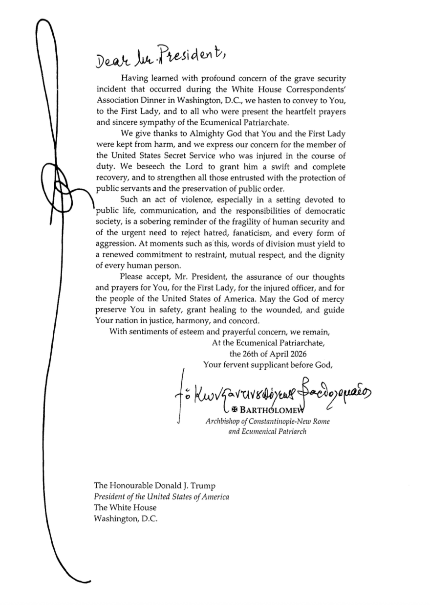 «Απορρίψτε το μίσος και τη βία»: Μήνυμα συμπαράστασης του Πατριάρχη Βαρθολομαίου στον Τραμπ μετά την επίθεση εναντίον του