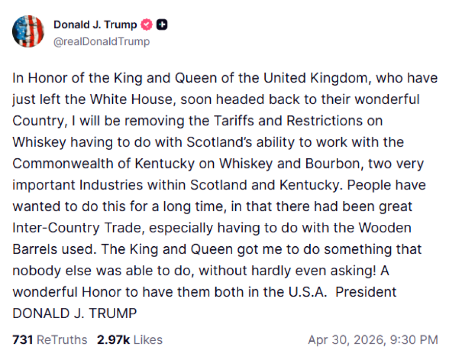 Ο Τραμπ άρει δασμούς σε ουίσκι και μπέρμπον μετά την επίσκεψη Καρόλου και Καμίλα στις ΗΠΑ