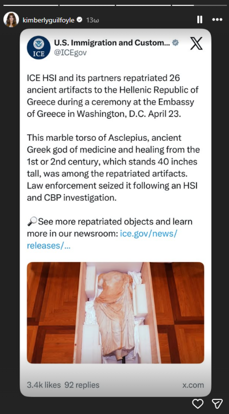 Η Κίμπερλι Γκιλφόιλ ανέδειξε τον επαναπατρισμό 26 αρχαιοτήτων από τις ΗΠΑ, η αναφορά στον Ασκληπιό