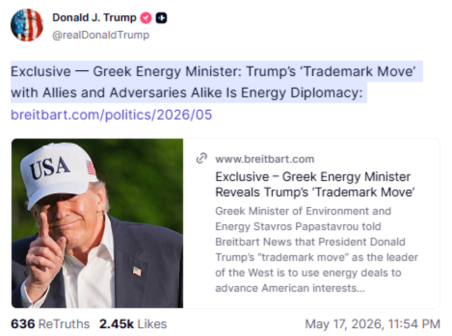 Ο Τραμπ αναδημοσίευσε συνέντευξη του Παπασταύρου για την ενεργειακή διπλωματία