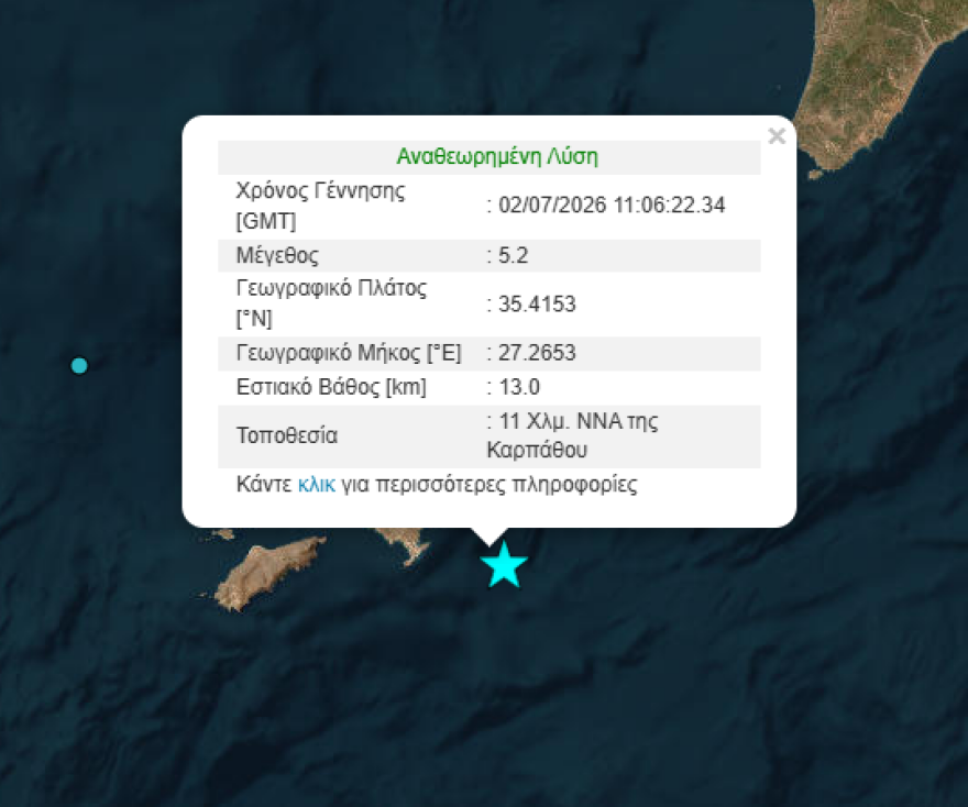 Σεισμός 5,2 Ρίχτερ στην Κάρπαθο, έγινε αισθητός στα Δωδεκάνησα