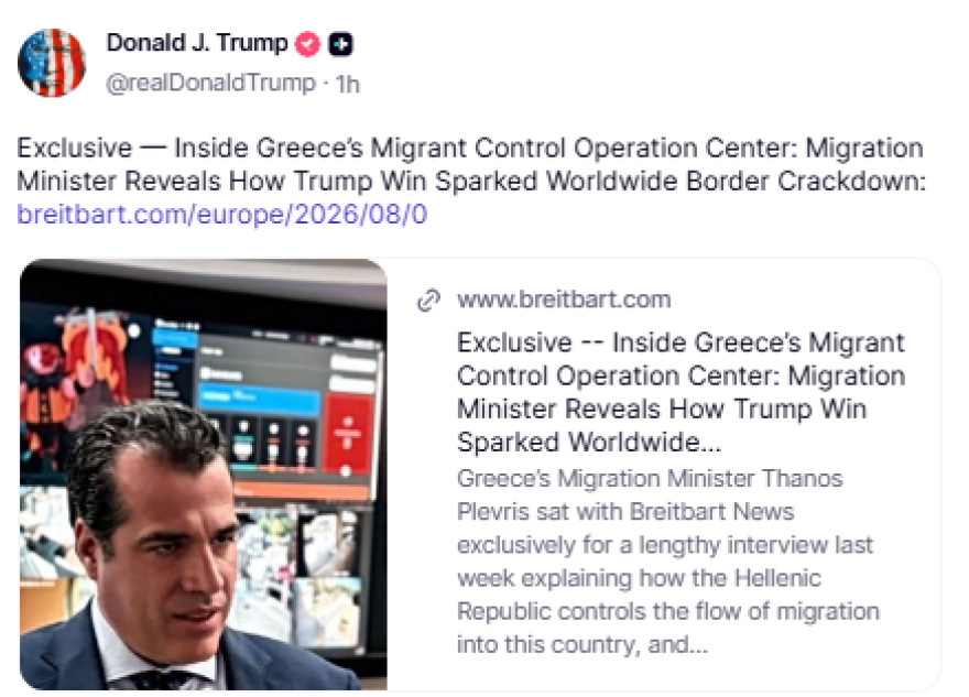 Πλεύρης στο Breitbart: Η επανεκλογή Τραμπ άλλαξε τη μεταναστευτική πολιτική σε ΗΠΑ και Ευρώπη - Η ανάρτηση του Αμερικανού προέδρου με τη συνέντευξη του Έλληνα υπουργού