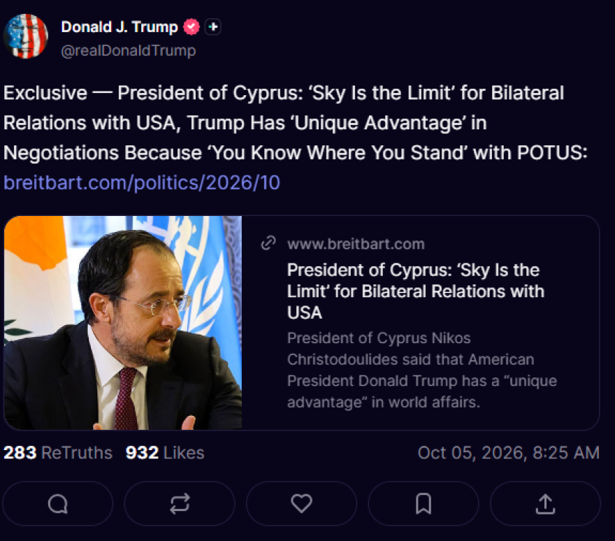 Ο Τραμπ «ανέβασε» συνέντευξη του Χριστοδουλίδη στο Truth Social: Οι ΗΠΑ είναι ο στενότερος σύμμαχός μας  
