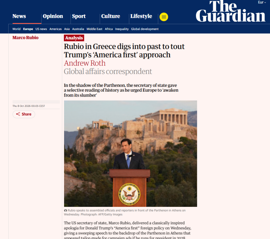 «Η ομιλία της χρονιάς»: WSJ, CNN, ΝΥΤ, Guardian αναλύουν την πλατφόρμα Ρούμπιο στη σκιά της Ακρόπολης για την ιδεολογική «σταυροφορία» της Δύσης